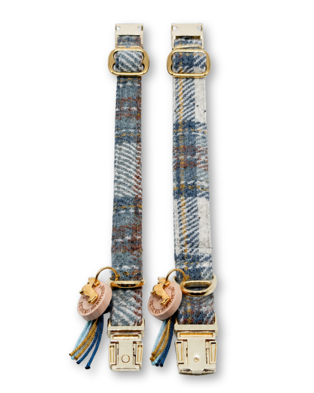 Two dog collars in blue Harris Tweed side by side – Arthur in Highland Blue