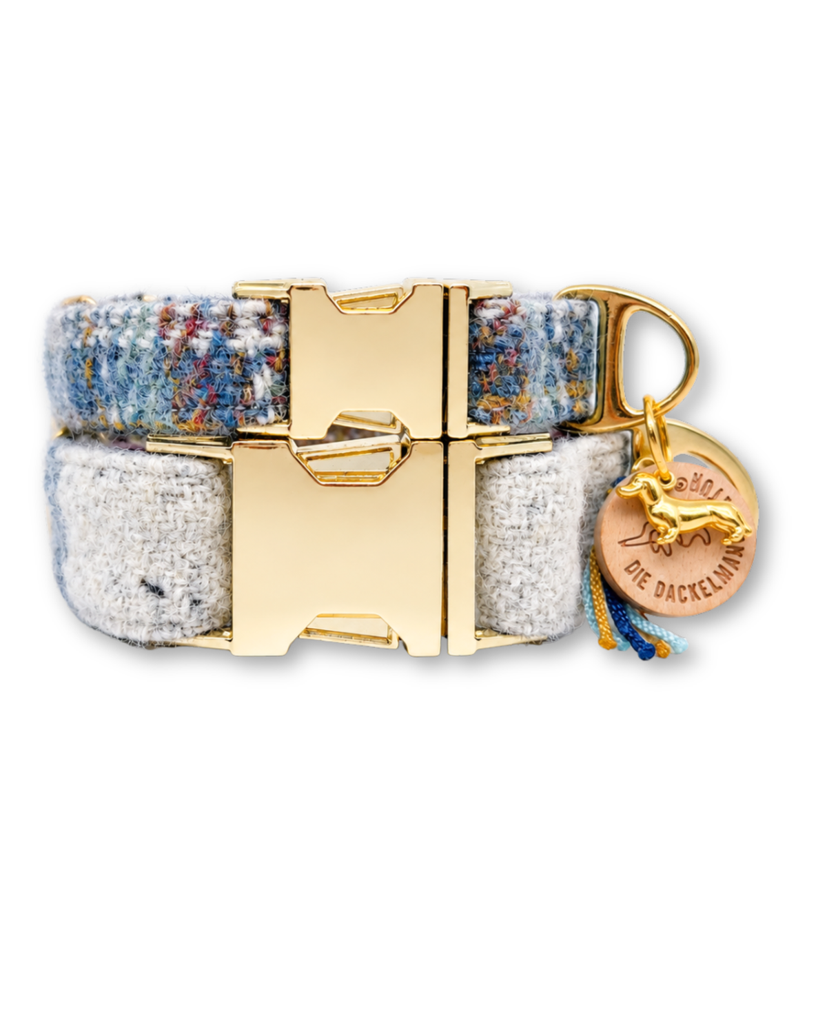 Two dog collars in blue Harris Tweed stacked – Arthur in Highland Blue