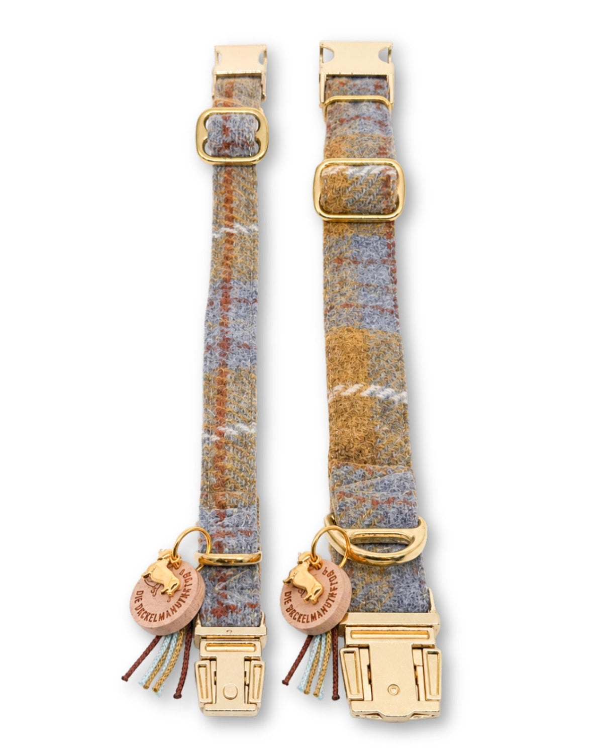 Zwei Hundehalsbänder aus moosgrünem Harris Tweed mit Holzanhänger – Monty in Woodland Green