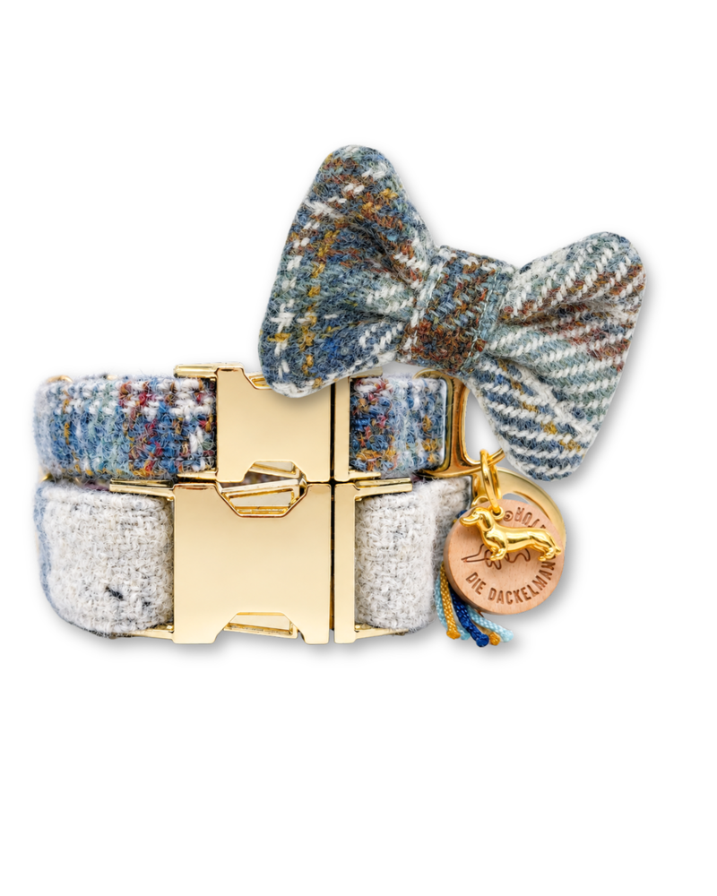 Dog collar with bow tie in blue Harris Tweed as a set – Arthur in Highland Blue