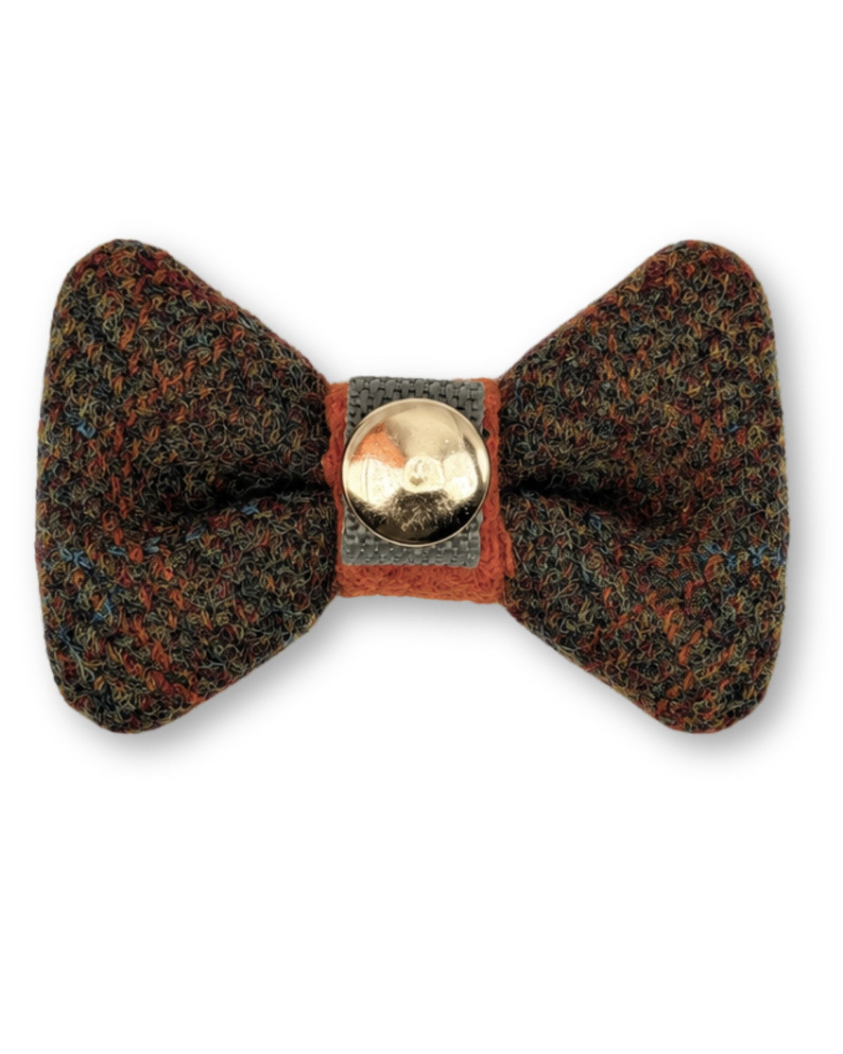 Hundefliege aus Harris Tweed von hinten mit goldenem Druckknopf – Winnie in Foxglove