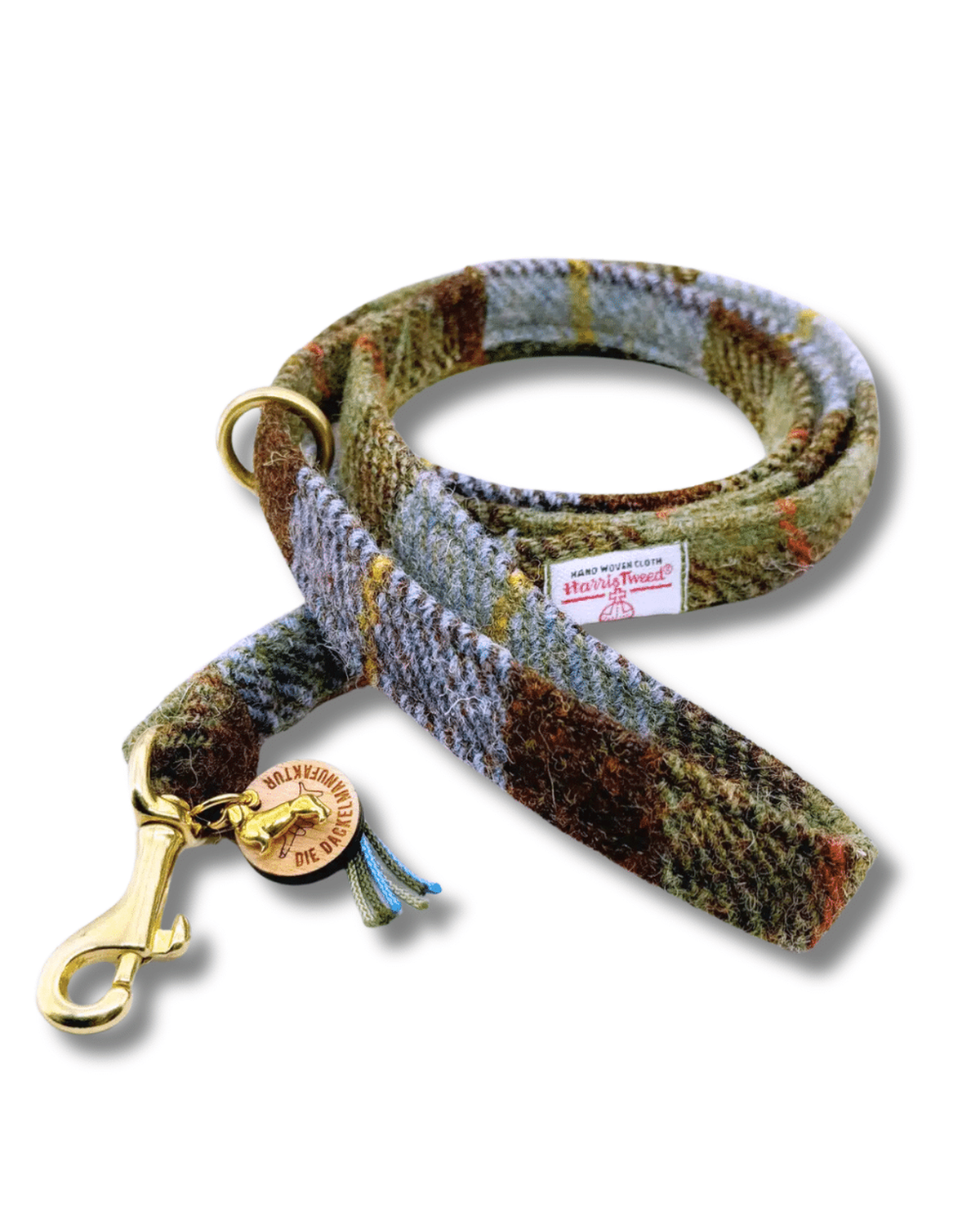 Zwei handgefertigte Hundeleinen für Dackel – eine aus HARRIS TWEED® im Tartan-Muster, eine aus robustem Paracord in Blau-Grün