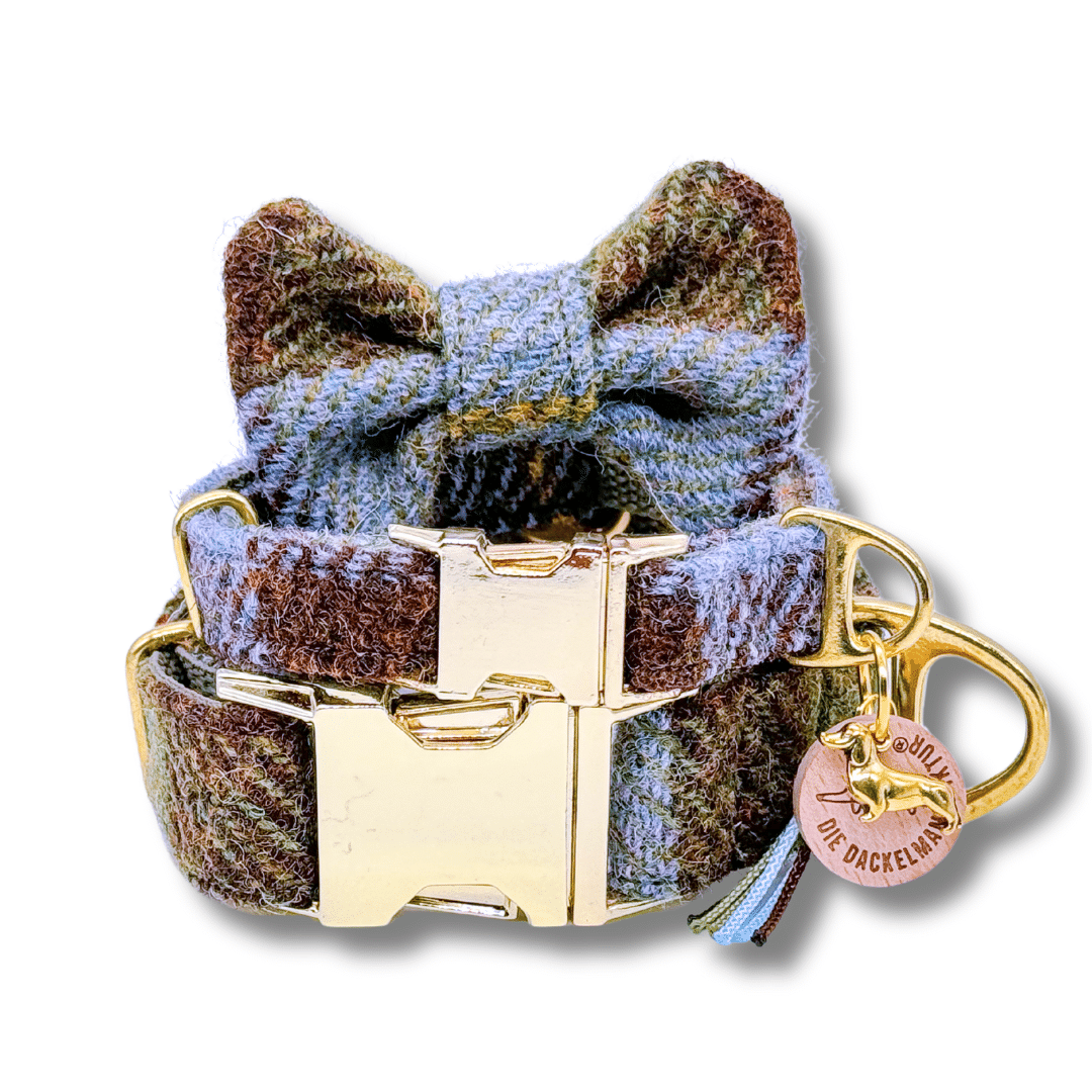 Harris Tweed Set für Dackel – Halsband und Fliege handgemacht